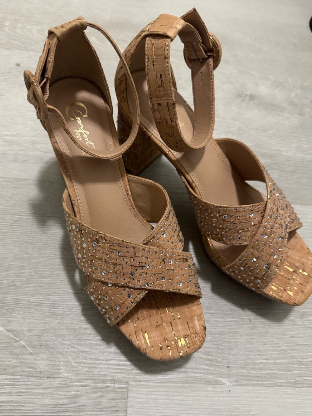 Comfort Est‎ 1946 Cork Wedge Sandals in Tan with Crystal Accents